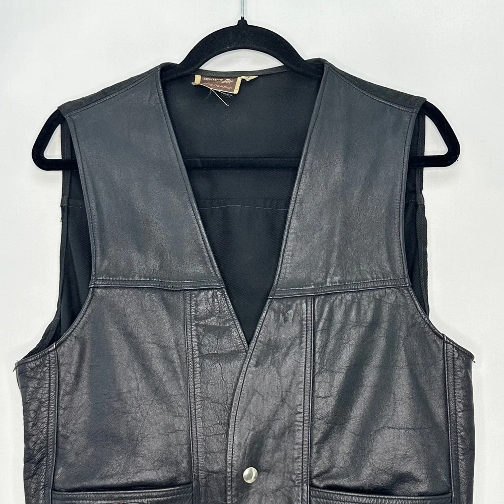 Vintage 70s AMF Harley-Davidson Leather Biker Vest Men M Canvas Patch Bar Shield